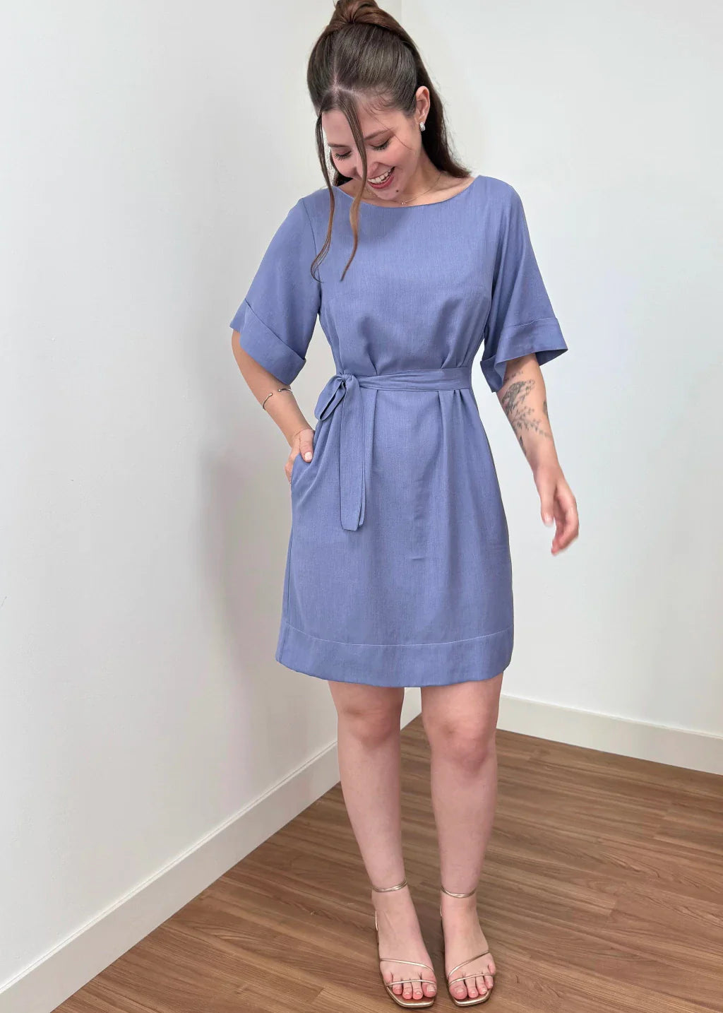 Vestido Trivê com mangas Azul Malva
