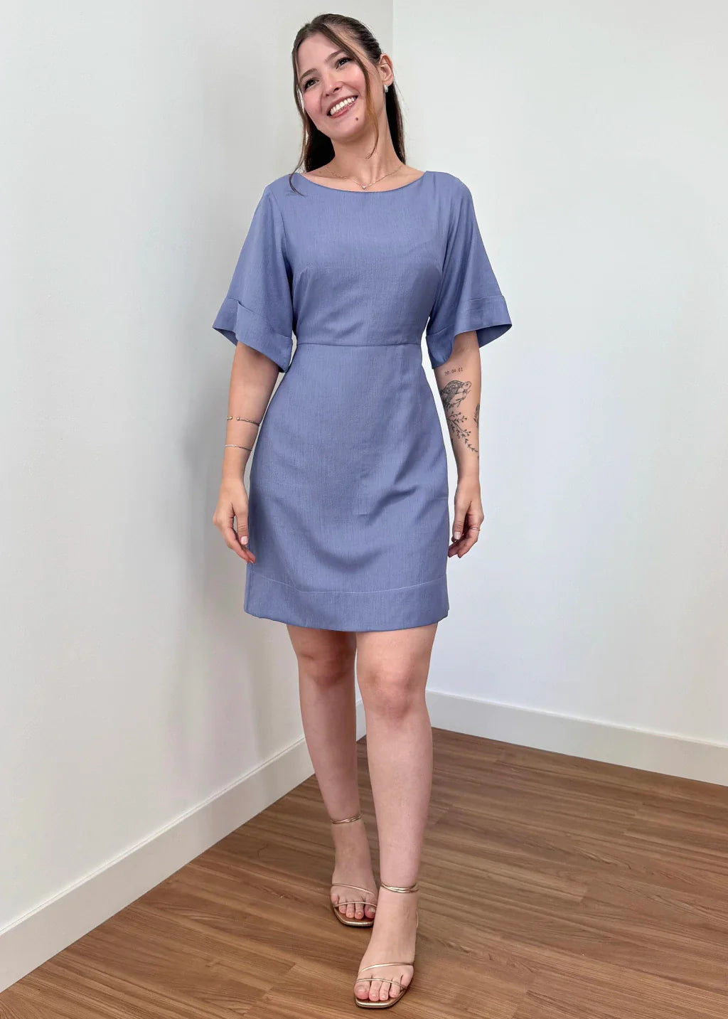 Vestido Trivê com mangas Azul Malva